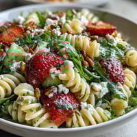 Spring pasta salad with strawberries, feta, and arugula in a large bowl, vibrant red berries and fresh greens mixed with al dente pasta.