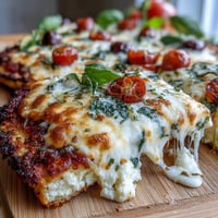 Wholesome cottage cheese flatbread pizza with golden crust, melted mozzarella, and vibrant fresh basil.  