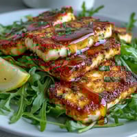 Golden, pan-seared halloumi drizzled with spicy honey over fresh arugula, a vibrant vegetarian appetizer.  