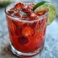 A refreshing glass of strawberry agua fresca with fresh fruit slices and lime garnish, perfect for summer gatherings.