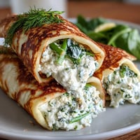 Golden buckwheat crepes filled with creamy herbed cheese and sautéed spring vegetables for a fresh, savory meal.  