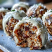 Healthy carrot cake bliss balls made with oats, walnuts, and grated carrot, rolled into perfect bite-sized snacks.