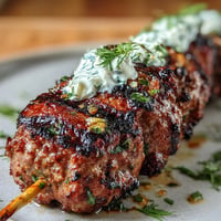 Grilled lamb kofta skewers with aromatic spices, served with creamy homemade tzatziki sauce.  