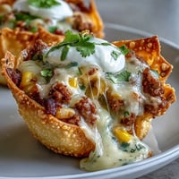 Crispy mini taco cups in wonton wrappers filled deeply with savory beef and melted cheese.